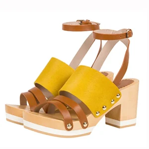 Quality New Fashion for Summer Yellow and Tan Color Women High Heel Wooden Sandals